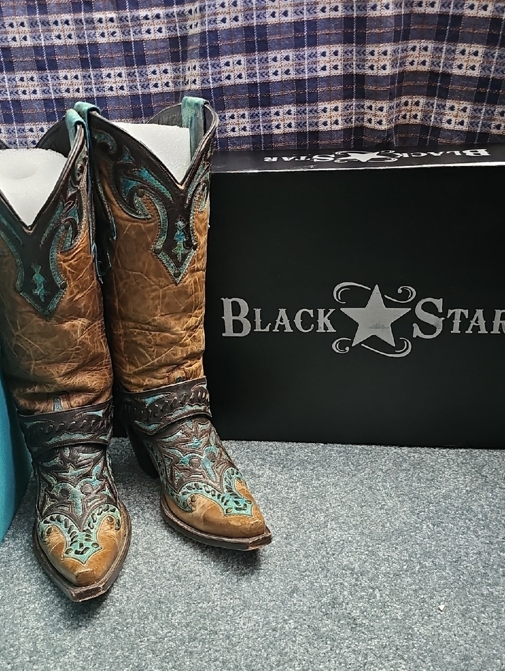 BLACK STAR Brown & Teal Embroidered Western Cowboy Boots With Box
